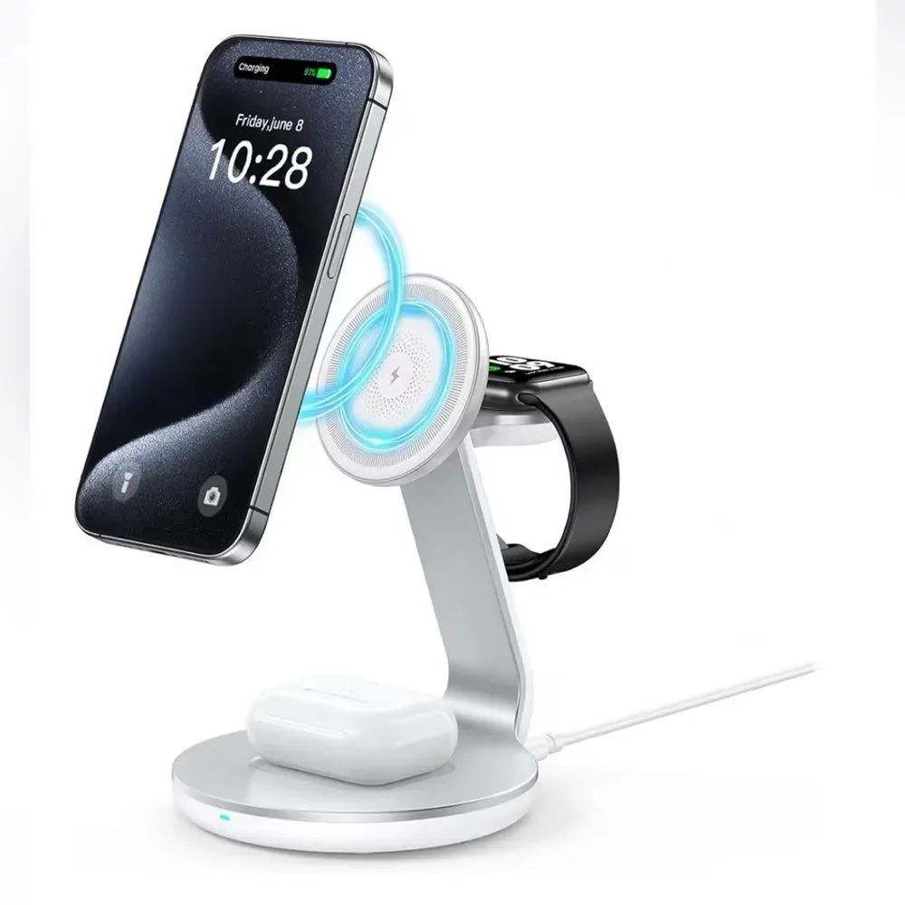 3-in-1 Wireless Charging Station - Silver For iPhone, AirPods & Apple Watch
